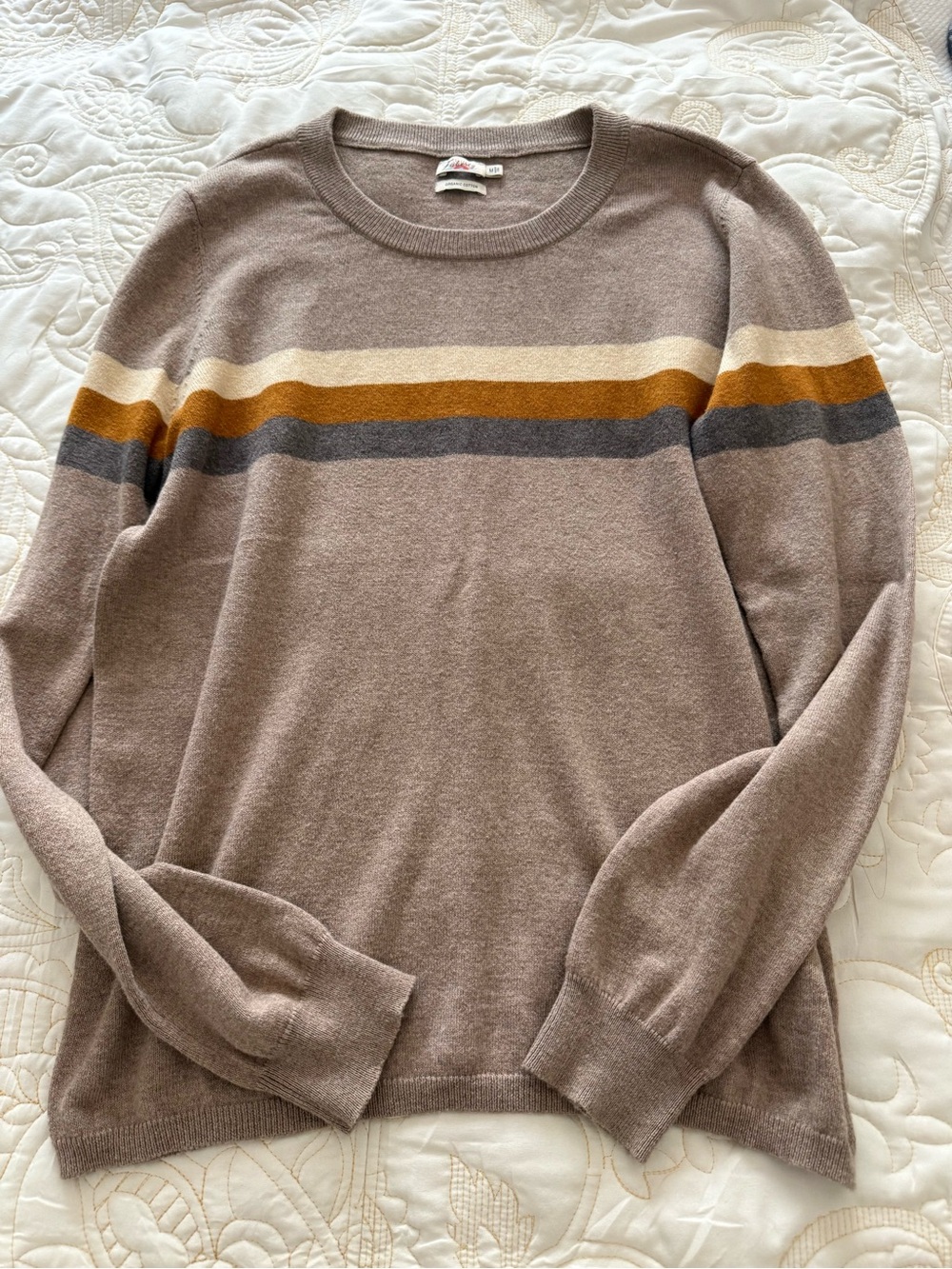 Faherty Women’s Taupe Crewneck Sweater with Stripe Detail Organic Cotton